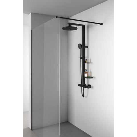 Ideal Standard Alu+ termosztátos zuhanyrendszer, 2 funkciós zuhanyfejjel, 2 polccal, matt fekete