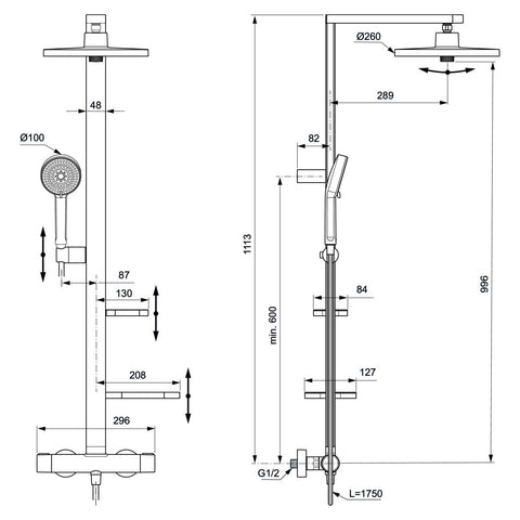 Ideal Standard Alu+ termosztátos zuhanyrendszer, 2 funkciós zuhanyfejjel, 2 polccal, matt fekete