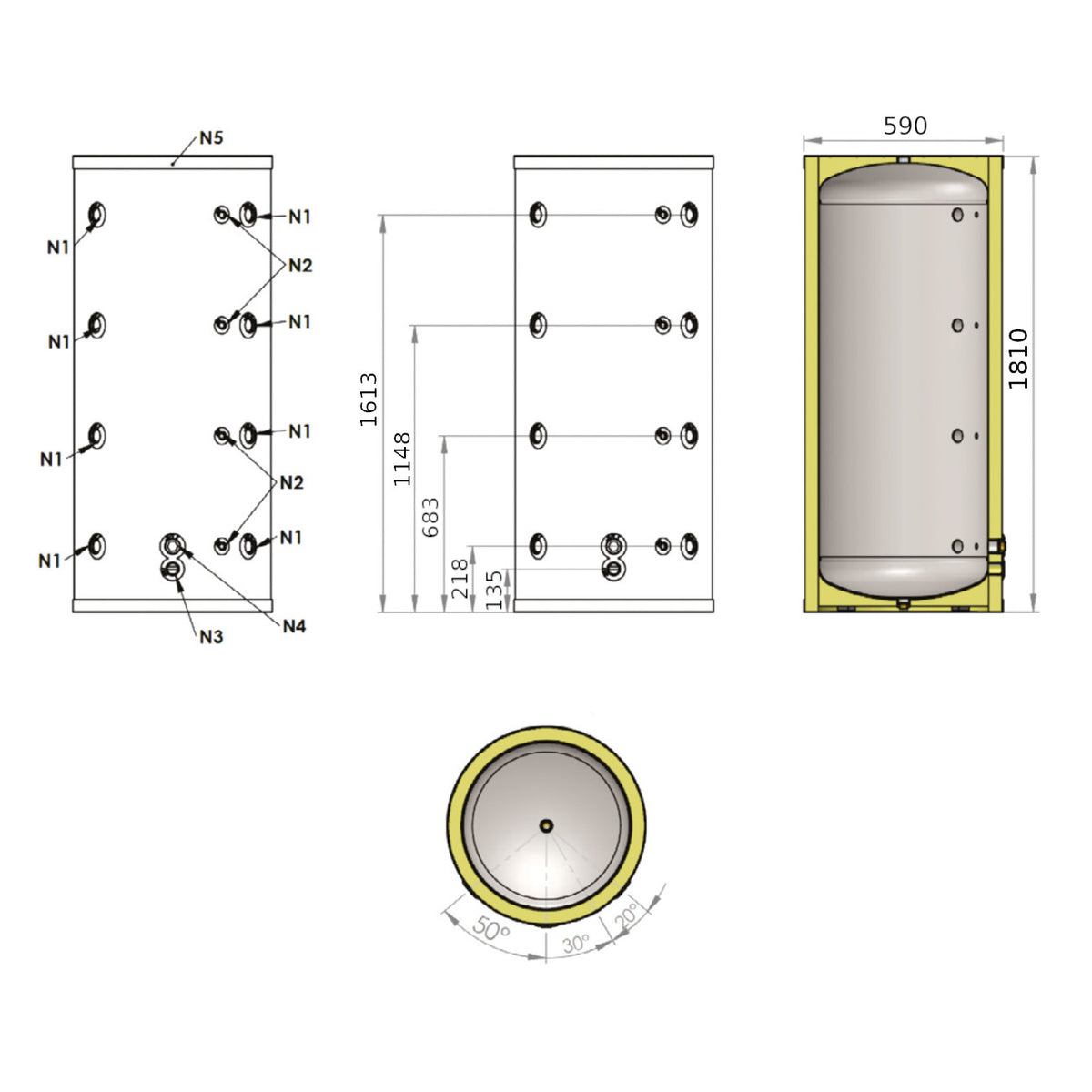 Install Storax Terra puffertároló, 300l, hőcserélő nélkül, PU szigeteléssel, álló - méretrajz