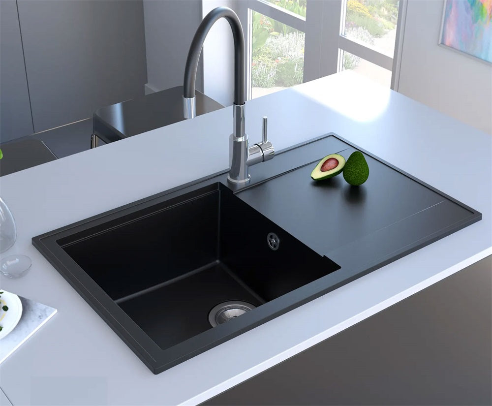Mofém Zenit 78 1B1D gránit mosogatótálca, 1 medencés, 1 csepptálcás, 780x460mm, metál fekete