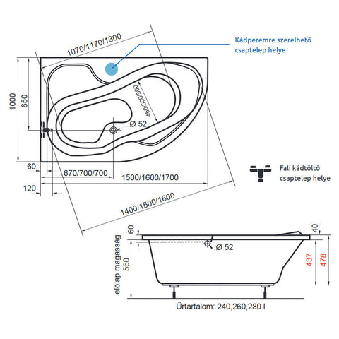 H2O Fortuna fürdőkád 170x100 cm jobbos