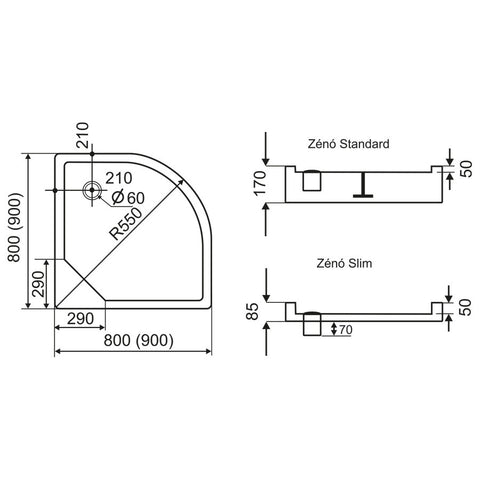 H2O Zénó zuhanytálca 90x90 + szifon standard íves - kifutó