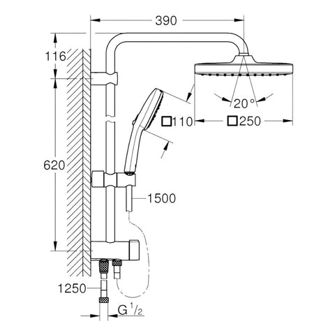 Grohe Tempesta System 250 Cube Flex zuhanyrendszer, Tempesta 250 Cube fejzuhany