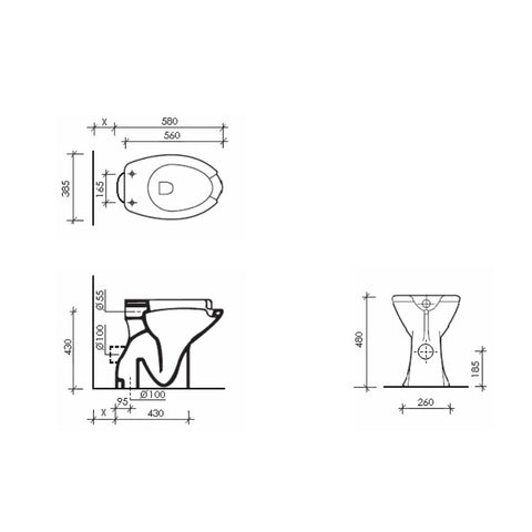Mozgássérült speciális elől nyitott WC, ülőkével és tetővel,mélyöblítésű,hátsó kifolyású, 48 cm