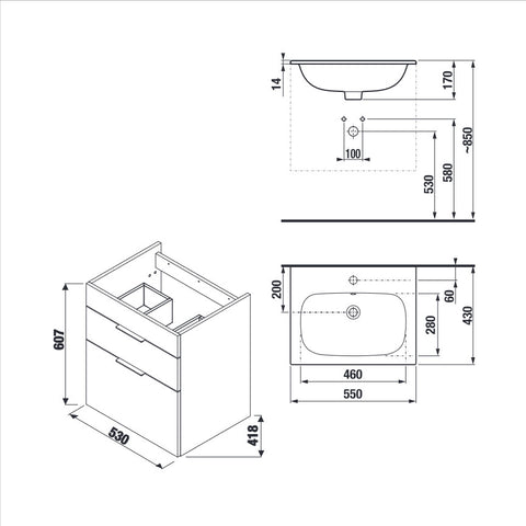 Jika Deep alsószekrény mosdóval 55x43cm, 2 fiókkal, FEHÉR (1+1 PACK)
