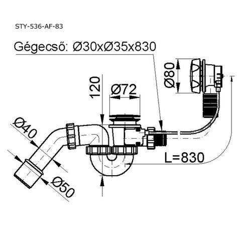 Styron kádszifon komplett automata fehér, 83cm hosszú (STY-536-AF-83)