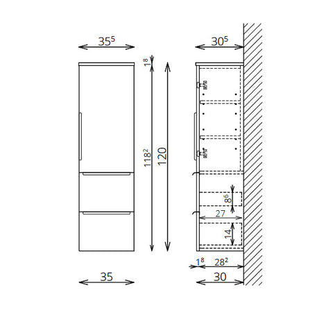 Tboss Dana/Noto/Nola kiegészítő szekrény, 1 ajtós, 2 fiókos, 120cm (F120 1A2F)