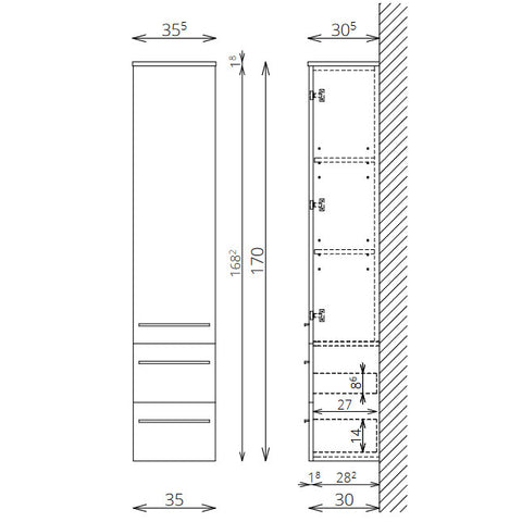 Tboss Famme kiegészítő szekrény, 1 ajtós, 2 fiókos, 170cm (F170 1A2F)