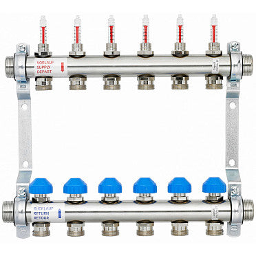 WATTS osztó-gyűjtő 1"-3/4" + áramlásmérő 12 körös EUROKÓNUSZ inox