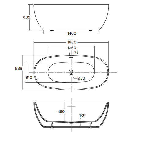 Wellis Oval 186 szabadon álló kád (186x88,5x60,5) le-és túlfolyó + szifon, rejtett szintező láb