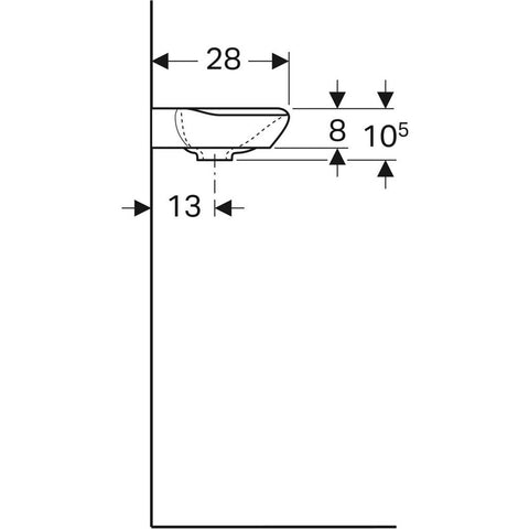 Geberit myDay kézmosó, 40x10.5x28cm, csaplyuk jobb oldalt, túlfolyó nélkül, KeraTect®