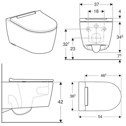 Geberit ONE fali WC-csésze, TurboFlush, WC tetővel, mélyöblítésű, 54cm, fehér, KeraTect®