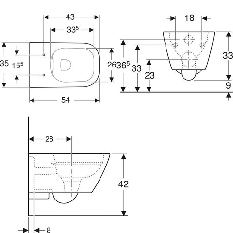 Geberit Smyle Square WC fali mély öbl., zárt formályú, Rimfree