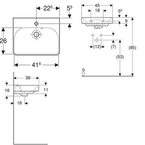 Geberit Smyle Square kézmosó, 45x16x36cm , csaplyuk középen