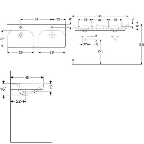 Geberit Smyle Square dupla mosdó, 120x16,5x48cm