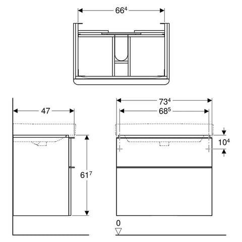 Geberit Smyle Square alsó szekrény mosdóhoz, két fiókkal, 73.4x61.7x47cm, feketedió hickory