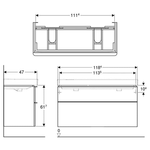 Geberit Smyle Square alsó szekrény dupla mosdóhoz, 2 fiók, 118x62x47, magasfényű lakozott fehér