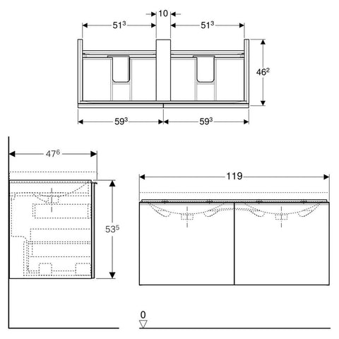 Geberit Acanto alsó szekrény dupla mosdóhoz, 2 fiók, bűzzár,119x53.5x47.6,lakk. magasf. fehér/fényes