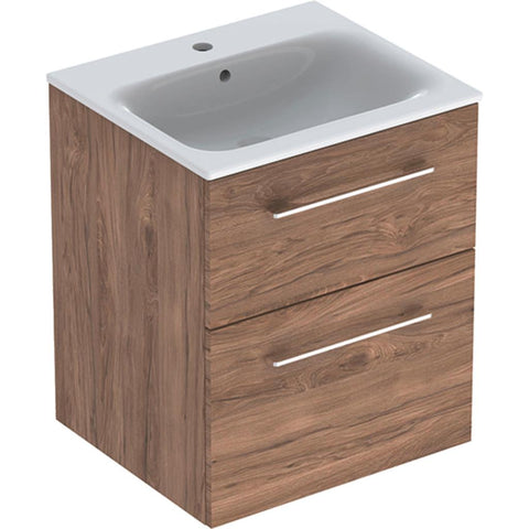 Geberit Selnova Square mosdószekrény, keskeny mosdóval, két fiókkal, 54x50 cm, feketedió hickory bev