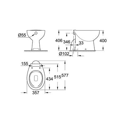 Grohe BauCeramic álló alsó kif. mélyöbl. perem nélküli