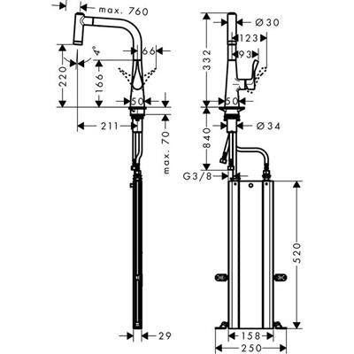Hansgrohe Metris M71 konyhai csaptelep 220 kihúzható kifolyó (M7116), rm. acél hatású