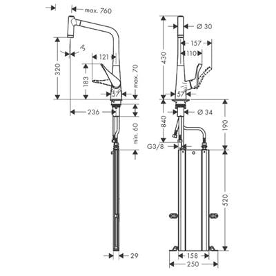 Hansgrohe Metris M71 konyhai csaptelep 320 kihúzható kifolyó (M7116), rm. acél hatású