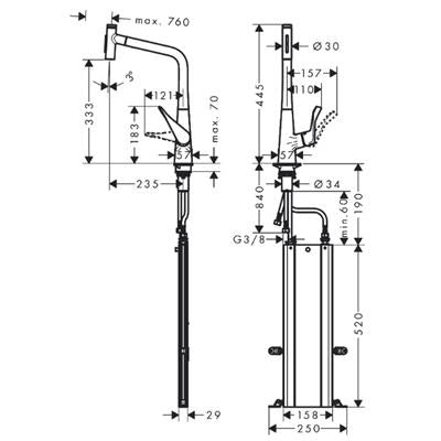 Hansgrohe Metris Select M71 konyhai csaptelep 320 kihúzható kifolyó (M7117), rm. acél hatású