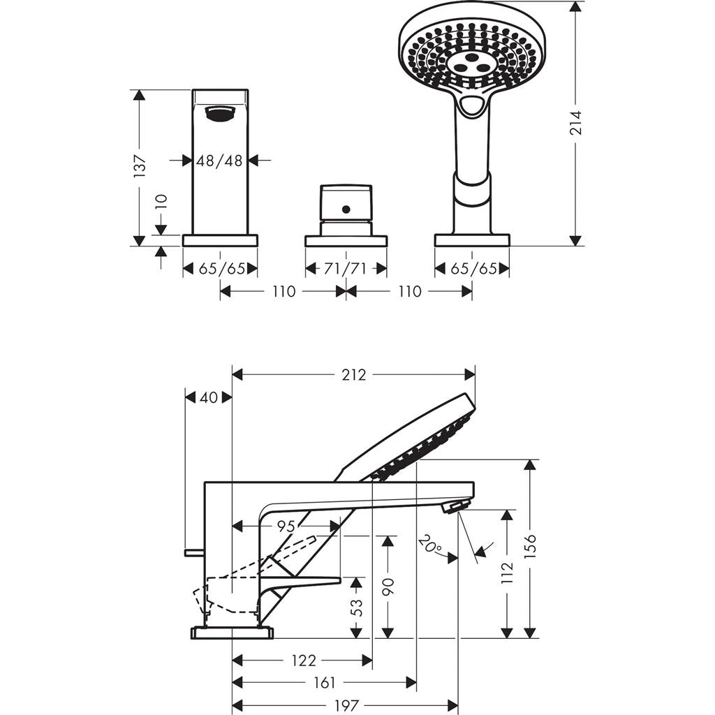 Hansgrohe Metropol 3-lyukú kádcsaptelep peremre építhető Secuflex-vel loop fogantyúval