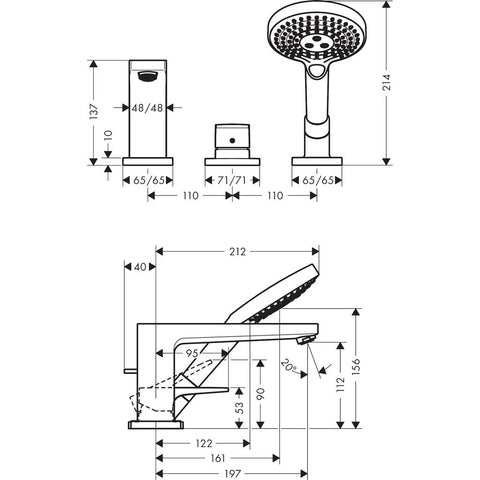 Hansgrohe Metropol 3-lyukú kádcsaptelep peremre építhető Secuflex-vel loop fogantyúval