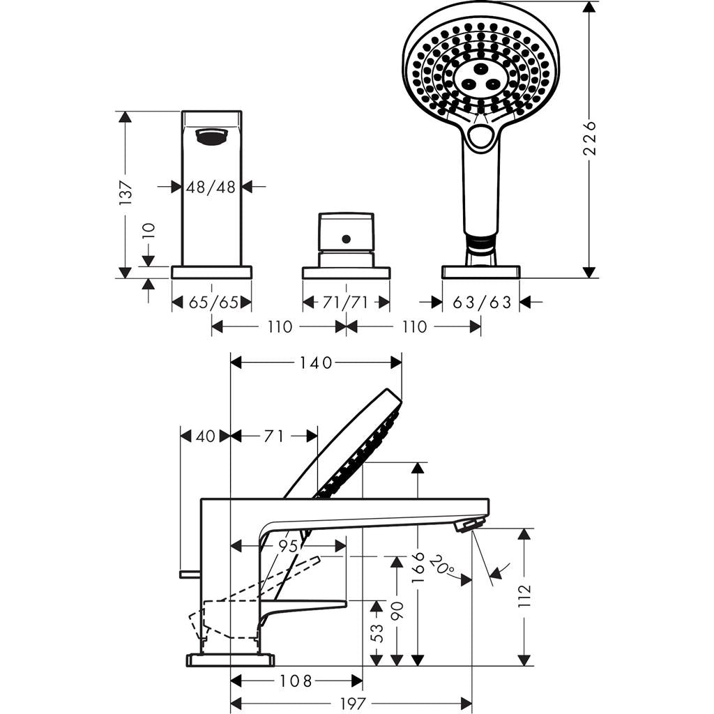 Hansgrohe Metropol 3-lyukú kádcsaptelep peremre építhető Secuflex nélkül, loop fogantyúval