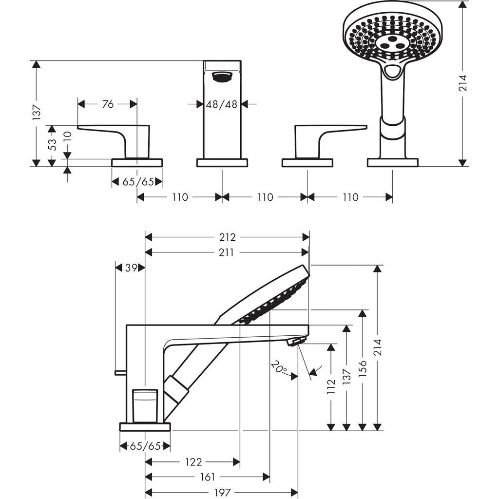 Hansgrohe Metropol 4-lyukú kádcsaptelep peremre építhető Secuflex-vel loop fogantyúval