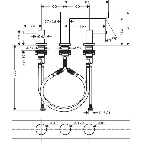 Hansgrohe Finoris 3 lyukú mosdócsaptelep 110, push-open lefolyógarnitúra