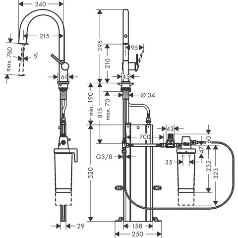 Hansgrohe Aqittura M91 Filtersystem konyhai csaptelep 210, kihúzható kifolyó, 1jet, sBox, matt fekete