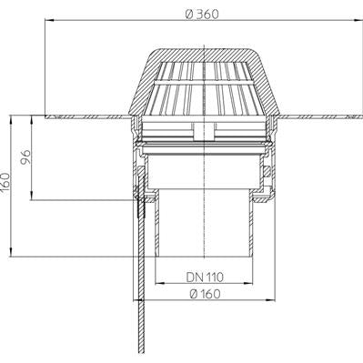 HL-62.1P lapostető összefolyó , függőleges DN110, PVC fűthető gallérral
