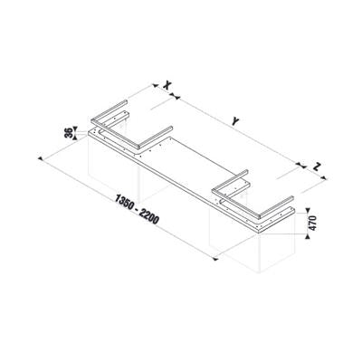 Jika Cubito-N 135-220 cm méretre vágható mosdótartólap, 2 kivágással, konzolok nélkül, fehér