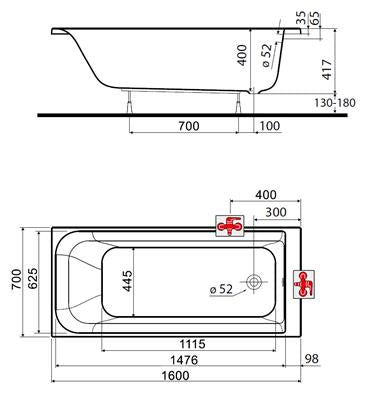 Kolo Rekord fürdőkád 160x70cm Antislide bevonattal, lábbal